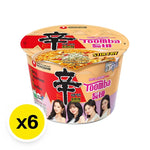 NONGSHIM Toomba instant noodle cup with spicy and creamy flavor, 113g, shown in a six-pack with the noodle cups and packaging.