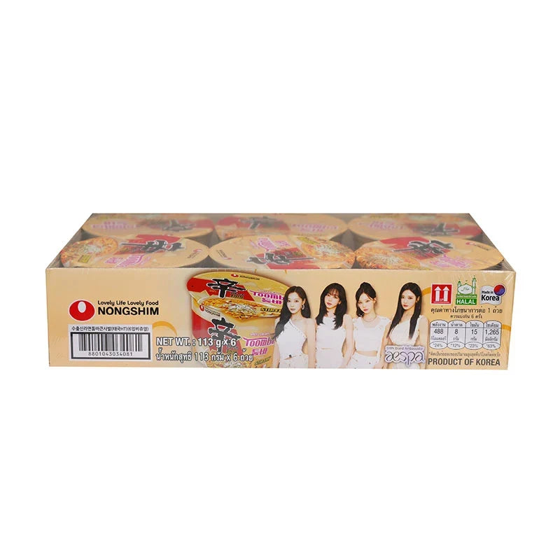 Nongshim Toomba instant noodle cup, spicy and creamy flavor, 113g, pack of six, in a dry grocery product image