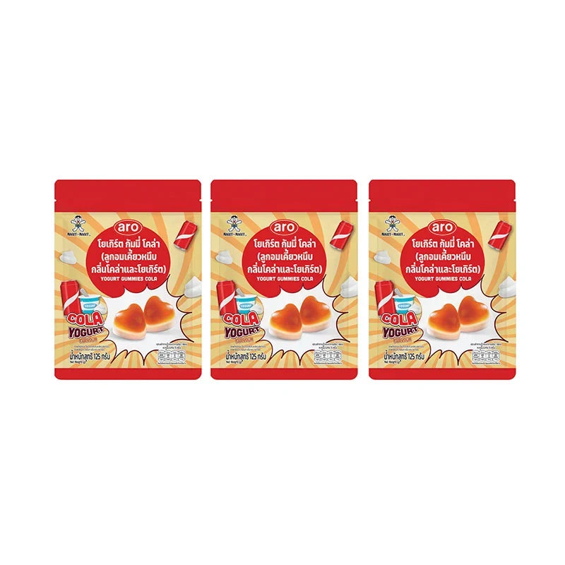 ARO Gummy Yogurt Cola snacks, 125g x 3 packs, colorful gummy candies from ARO in a clear packaging, ideal for confectionery lovers.