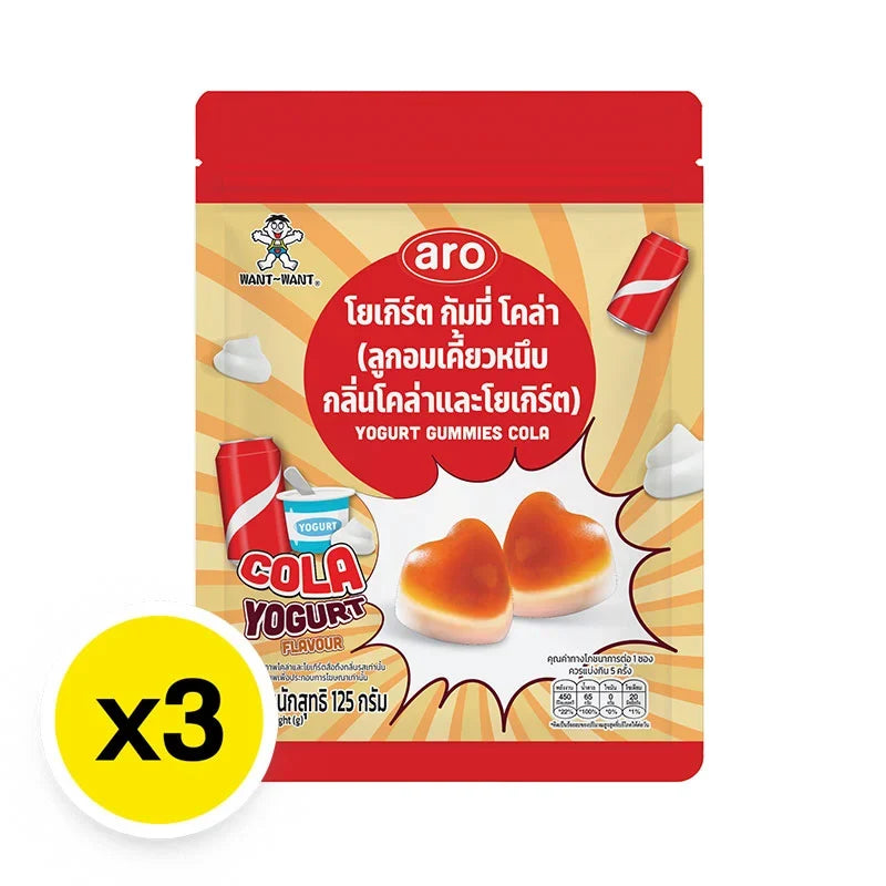 ARO Gummy Yogurt Cola snacks, 125g x3, colorful gummy candies in yogurt and cola flavors, packaged in clear plastic wrappers.