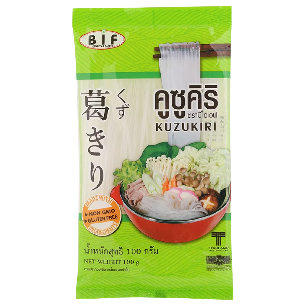 Bif Kuzukiri healthy grocery product in clear packaging showing thin, translucent noodle-like kuzukiri strands.