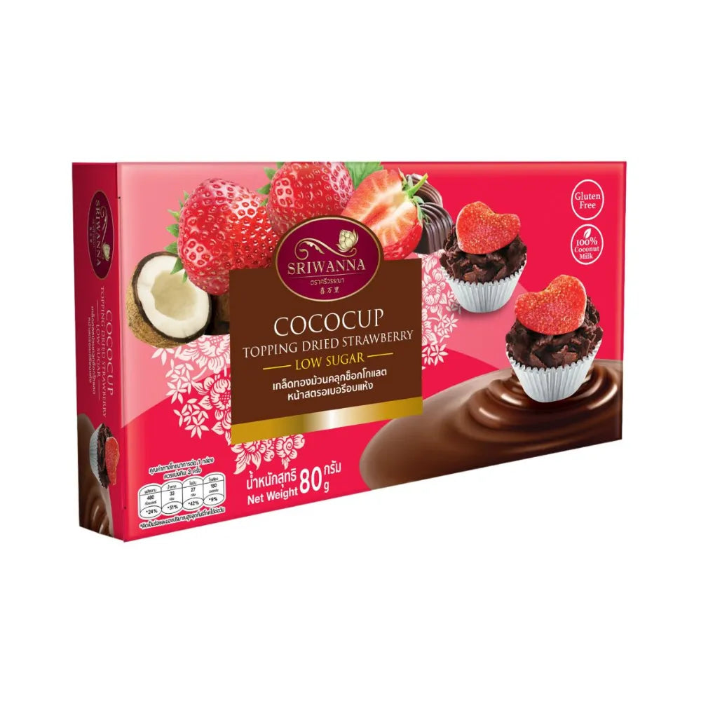 Sriwanna Golden Flakes rolled in chocolate with strawberry, a sweet snacks confectionery treat in a close-up image.