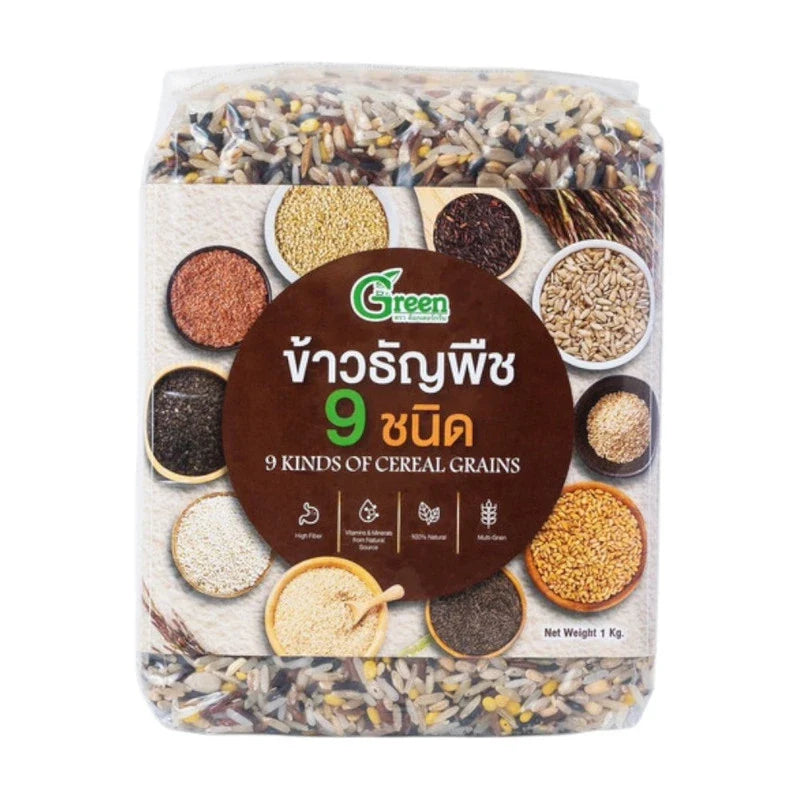 Dr.Green rice mixed with nine types of grains in a 1kg package, showcasing a blend of colorful grains in a dry grocery setting.