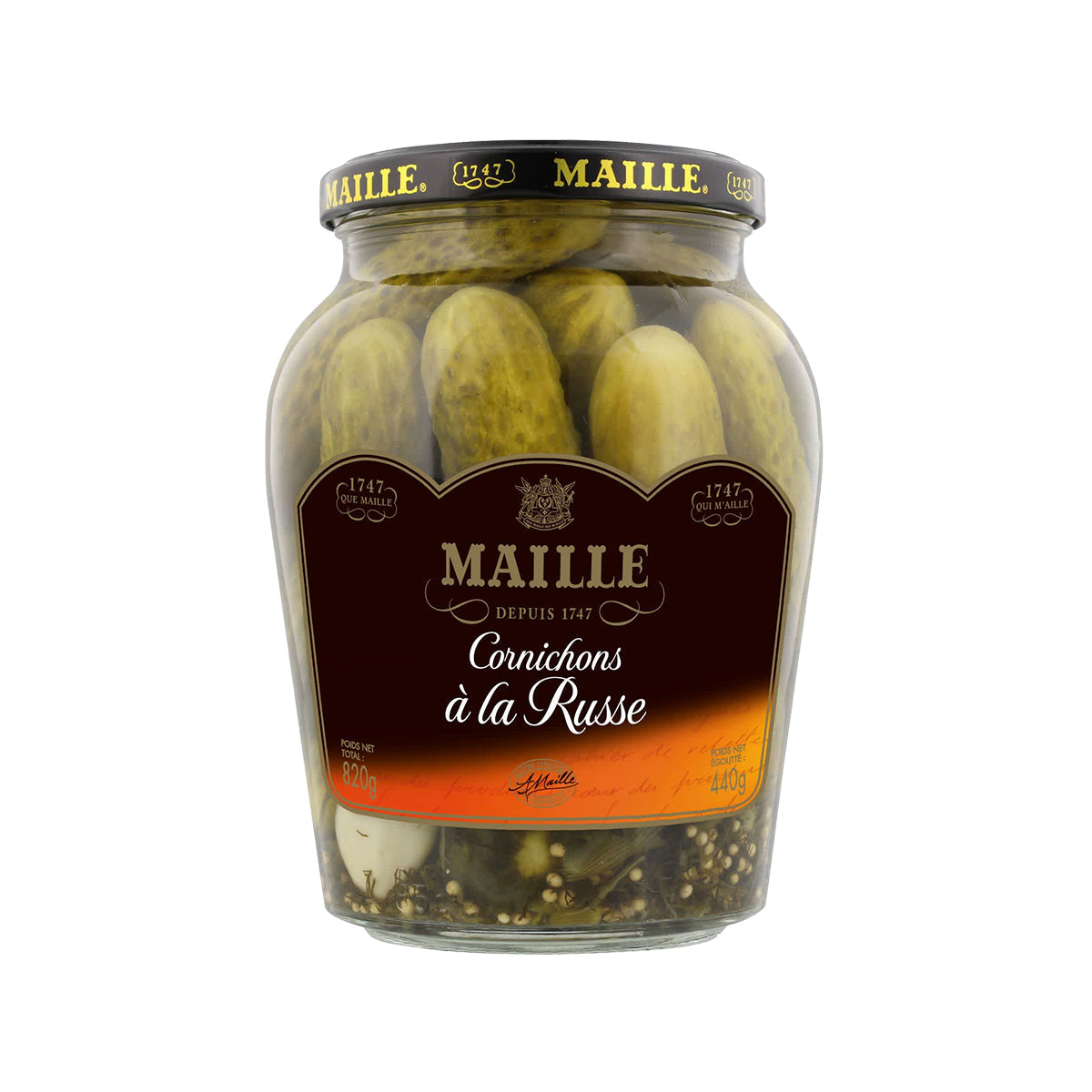 Jar of Maillee Cornichons �� la Russe with small pickled cucumbers in a clear glass jar, ready for grocery shopping.