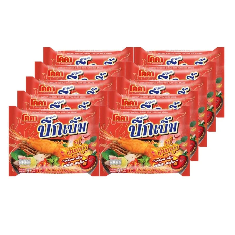 KOKA Big Tom Yum Kung flavored dry noodle packets, showcasing vibrant packaging with spicy shrimp soup flavor.