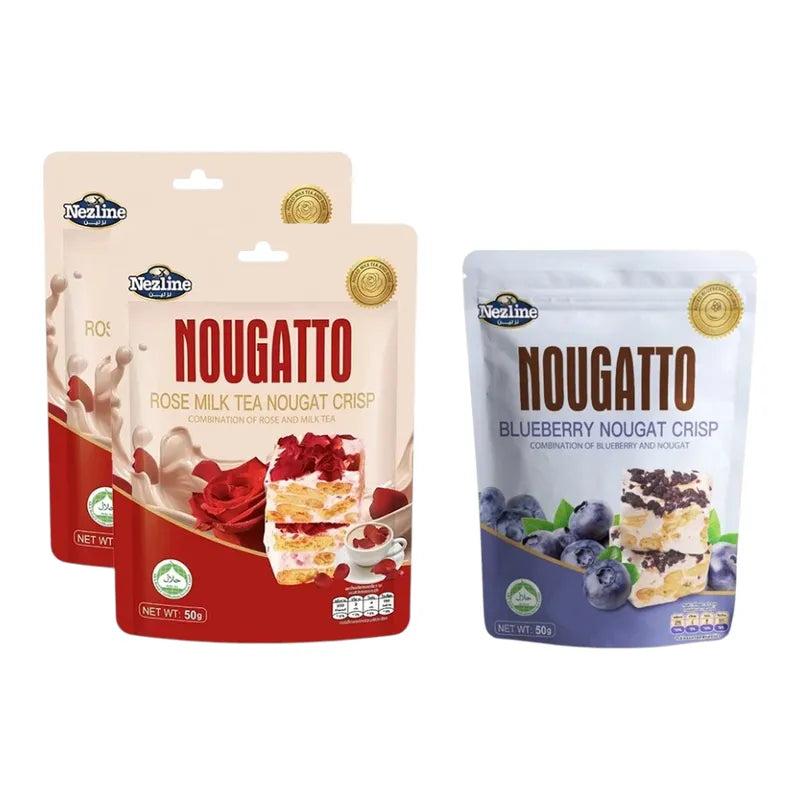 Nezline Nougatto Nougat Crisp snack with crunchy nougat and sweet confectionery texture, served in a clear wrapper.