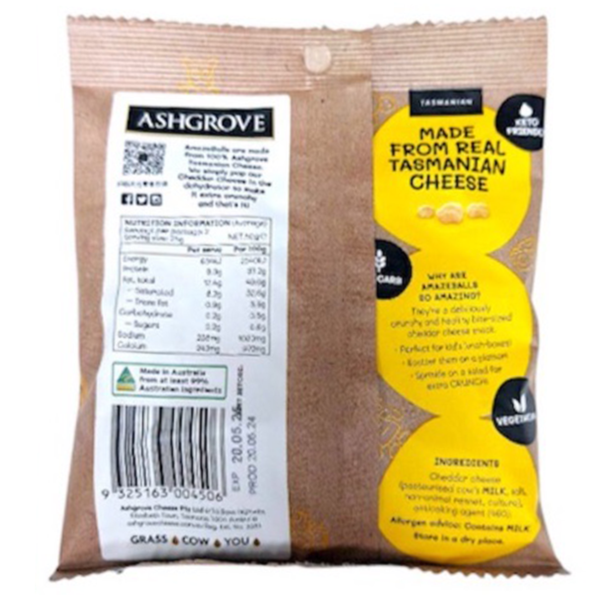 A close-up of Amazeballs Cheddar Cheese confectionery snack showing golden, cheesy bite-sized pieces with a crispy texture.