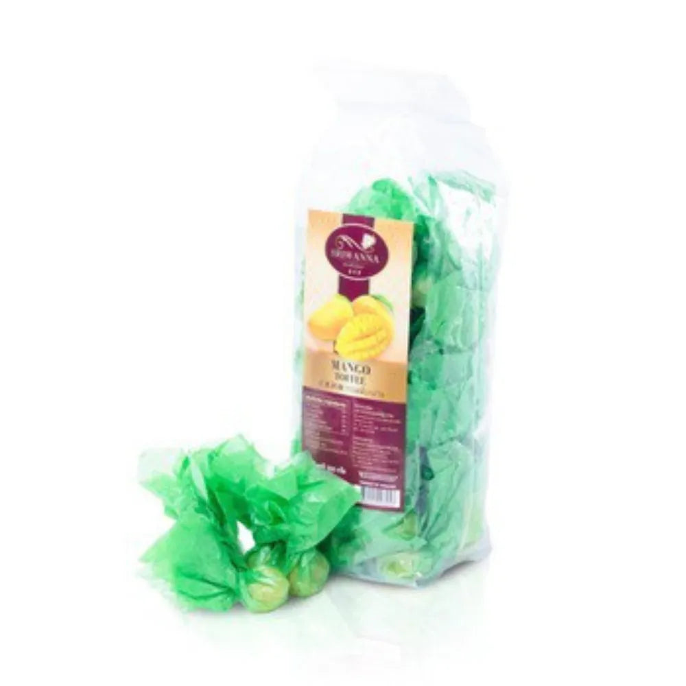 Sriwanna Mango Toffee 250g, sweet mango-flavored confectionery snack in shiny packaging, showcasing the toffee pieces.