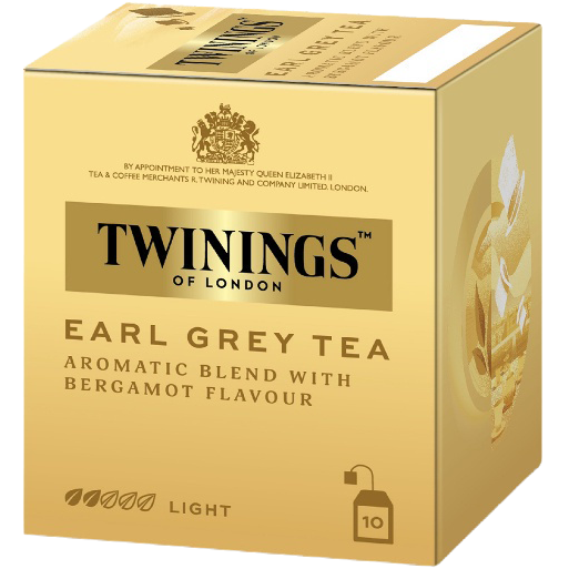 A cup of Twining's Earl Grey tea with a tea bag inside, showcasing the aromatic black tea blend in a clear glass cup.