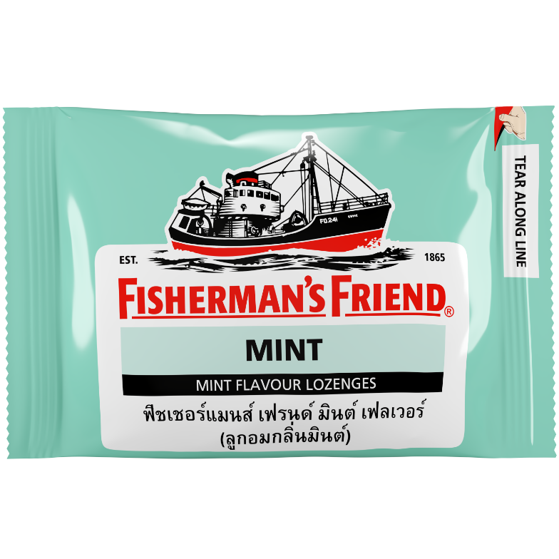 Fisherman's Friend Green Mint confectionery snack package with mint candies and bright green branding.