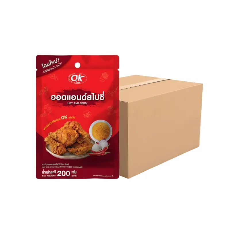 OK Shake Powder Hot and Spicy flavor 200g in a clear jar with vibrant red and orange spices, perfect for adding flavor to dishes.