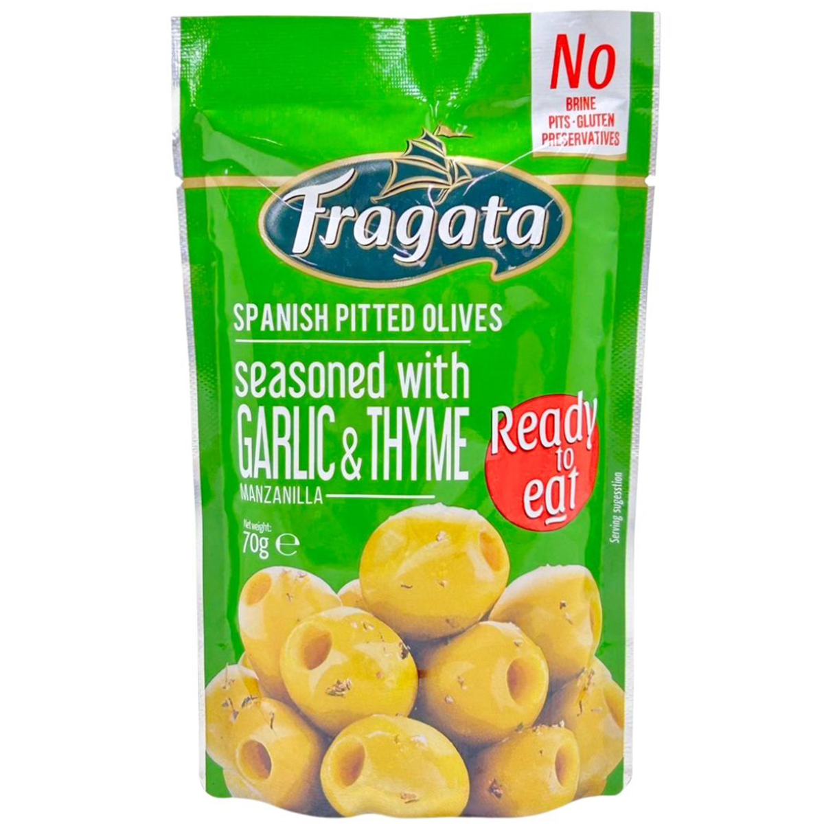 Jar of Fragata pitted olives with garlic and thyme in olive oil, ready for cooking or snacking.