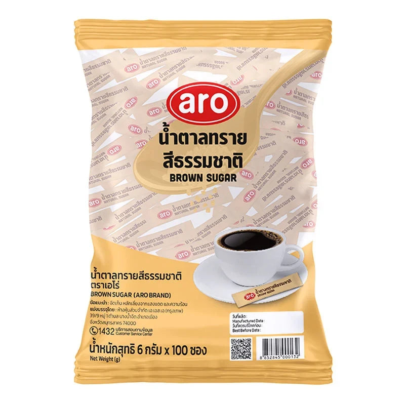 Aro brown sugar packets, 6g each, arranged in a pack of 100, shown in a close-up image for dry grocery shopping.