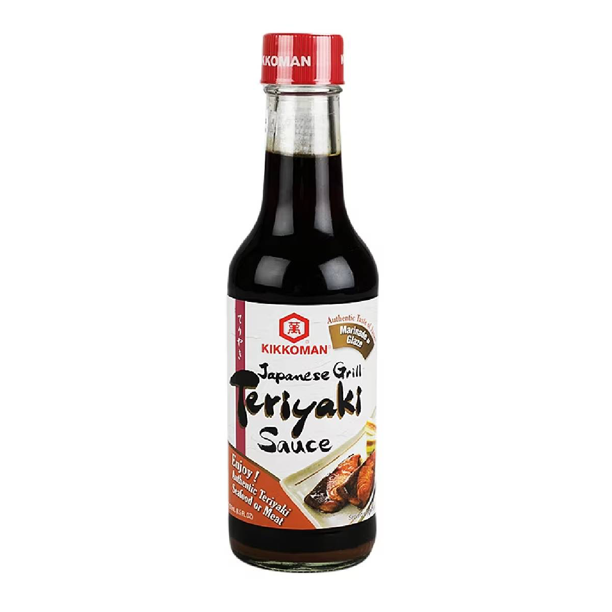 Kikkoman Teriyaki Japanese Grill Sauce bottle with label, ideal for Asian cuisine and grilling recipes.