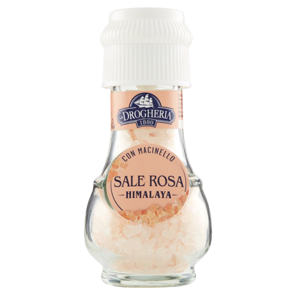 Drogheria Himalaya pink salt crystals in a clear jar, showcasing the coarse pink mineral salt used for cooking and seasoning.