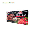 House Kanjuku Tomato Hayashi Bolognese dry grocery product with a close-up of the packaged bolognese sauce in a clear bag.