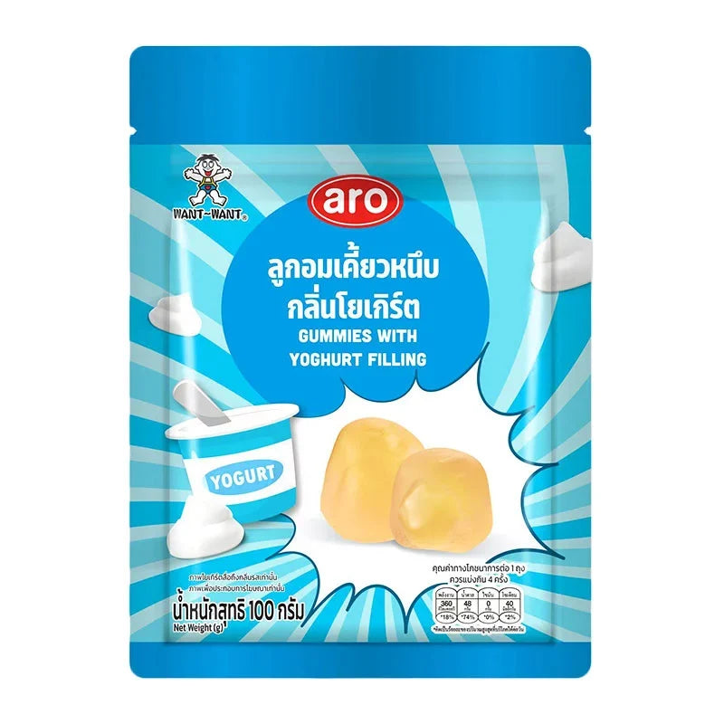 ARO Gummy Yogurt snack 100g, colorful gummy candies with yogurt flavor, in a clear plastic packaging, for dry grocery and confectionery.