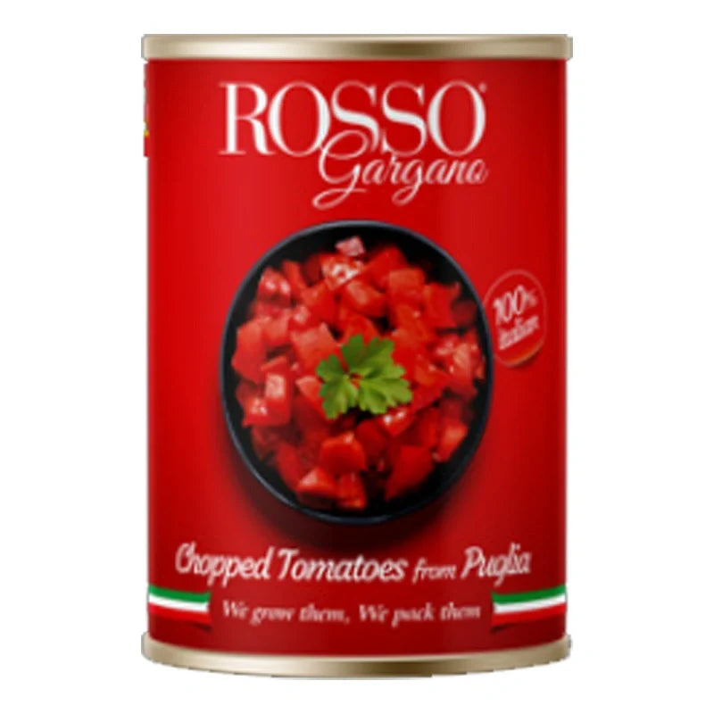 Canned Rosso Chopped Tomatoes 400g in a can, ready for cooking, from the ROSSO dry grocery brand.