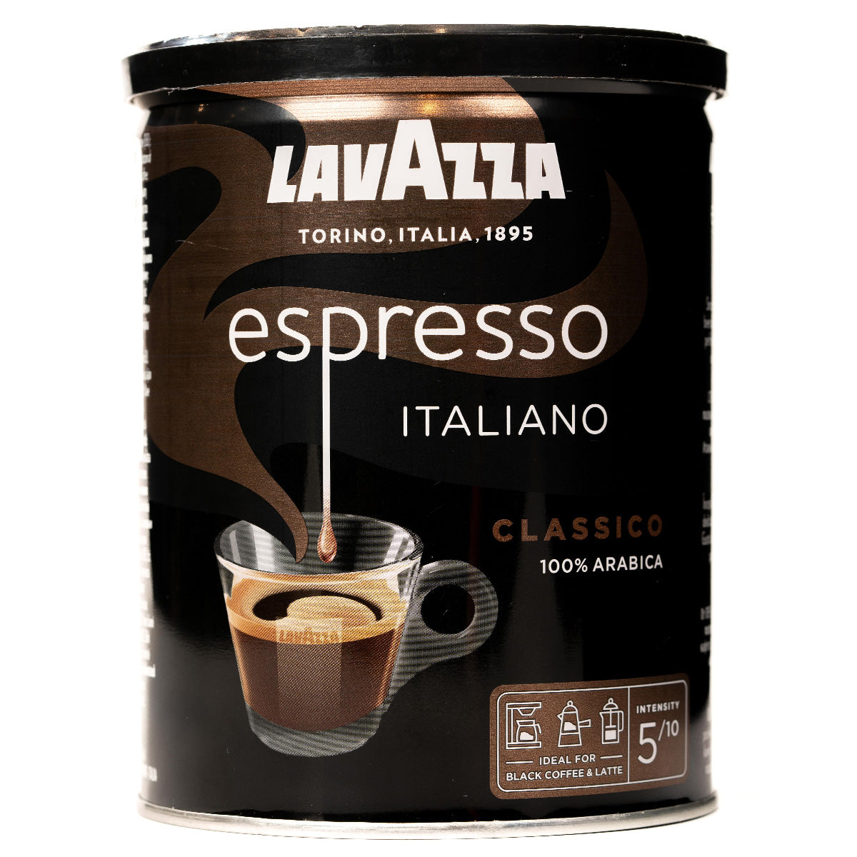 A cup of Lavazza Espresso Coffee served in a white cup, showcasing rich, dark espresso with a creamy crema on top.