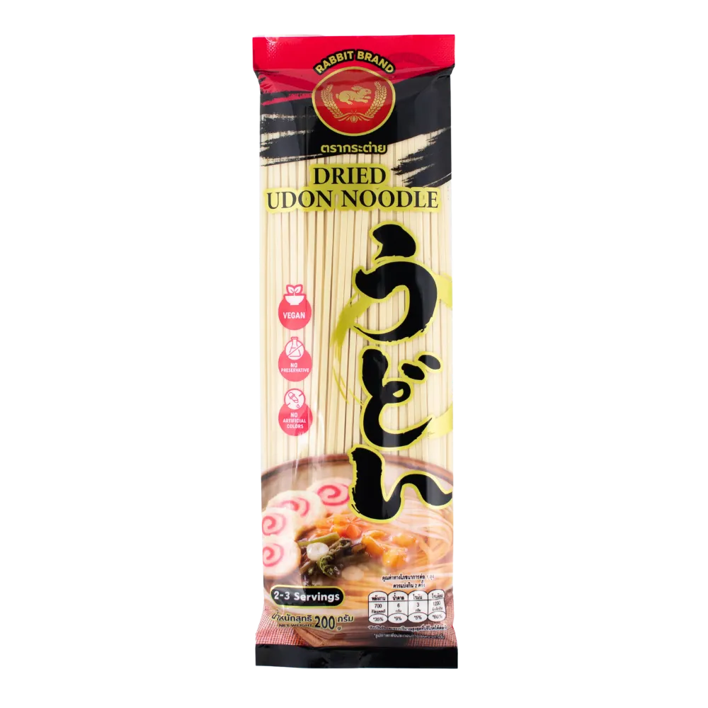 Dried Rabbit Brand Udon Noodles in a package, ready for cooking, with traditional Japanese noodle appearance and branding on the packaging.