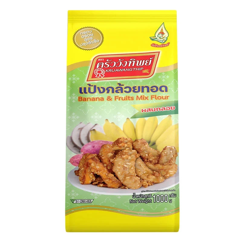 Kruawangthip Banana & Fruit Mix Flour 1kg in a resealable bag, ideal for baking and cooking with dried fruit and banana blend.