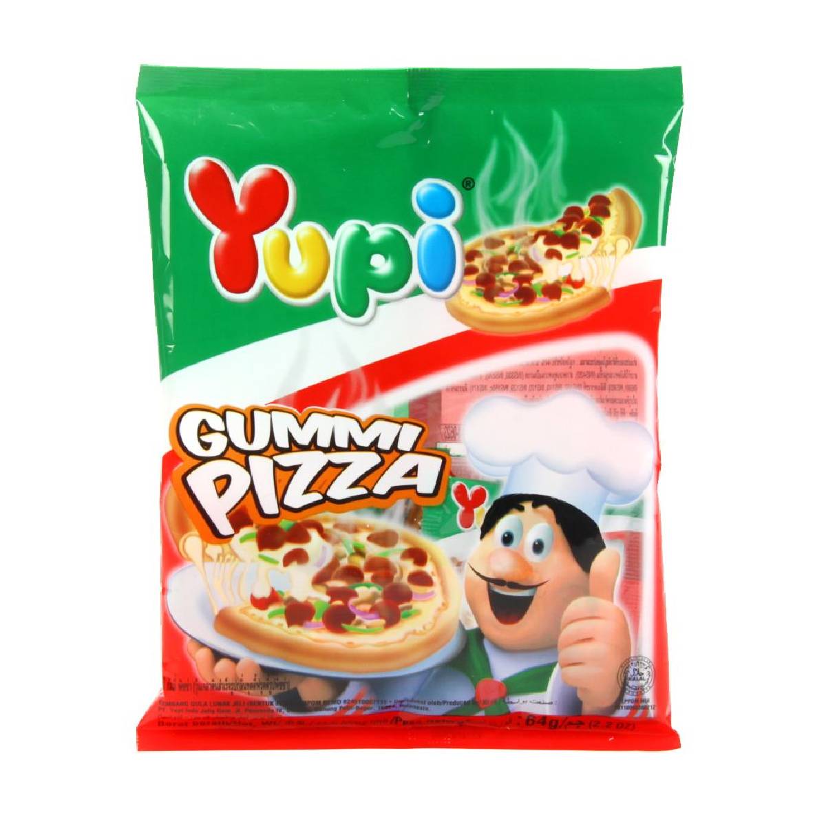 Yupi Gummy Pizza confectionery snack with colorful gummy pizza slices featuring fruit-flavored toppings and chewy texture.