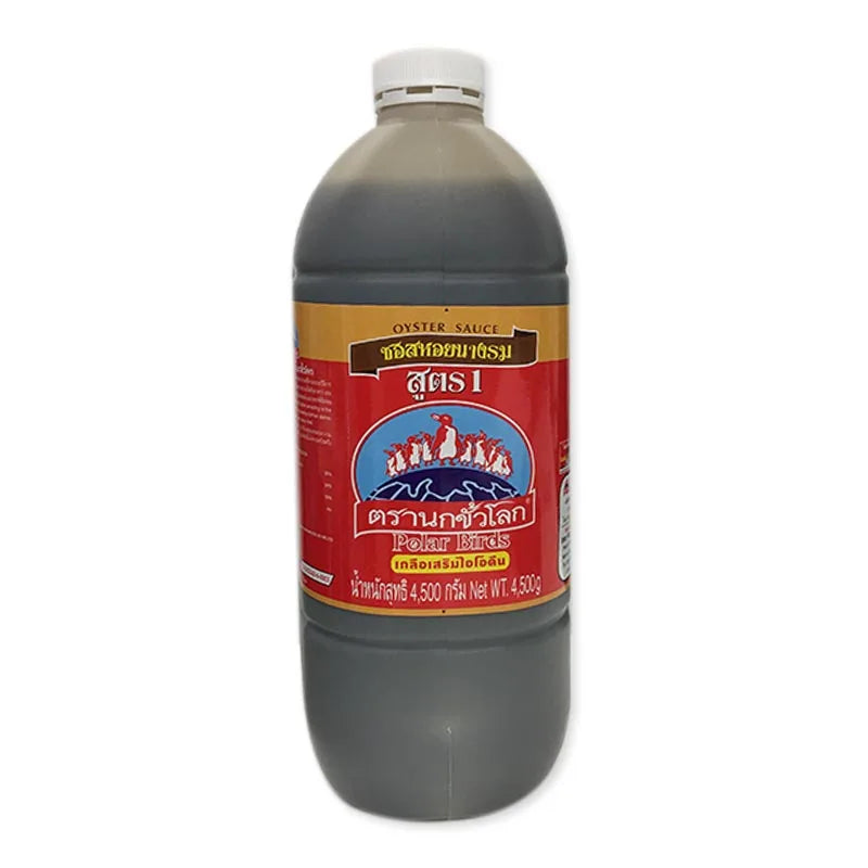 Polar Birds Oyster Sauce Recipe in 4.5kg dry grocery container, showing the jar with label and product packaging.