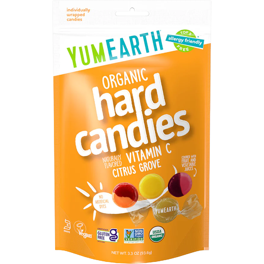 YumEarth Organic Citrus Grove Vitamin C Drops candies in colorful packaging, showcasing citrus-themed confections for immune support.