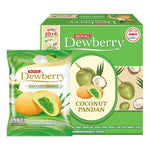 Dewberry Coconut Pandan Cake snack pack with 15g pieces, showing colorful packaging and individual snack images.