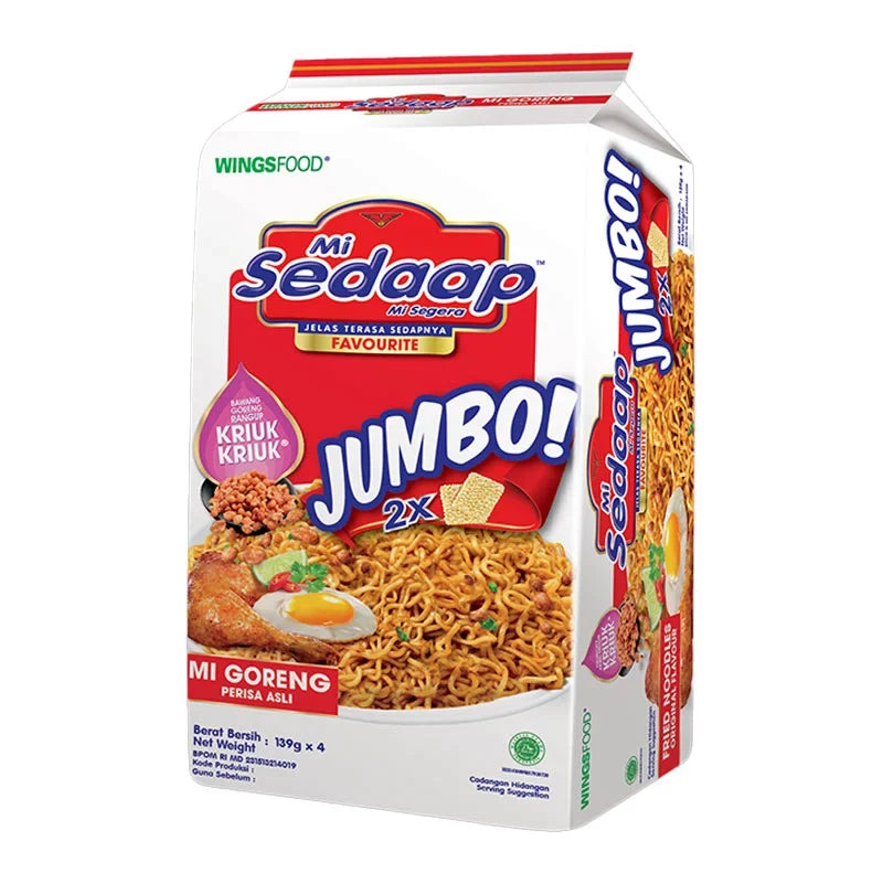 MI Sedaap Fried Noodle Jumbo pack, 139g x4, dry grocery product with crispy fried instant noodles in a colorful package.