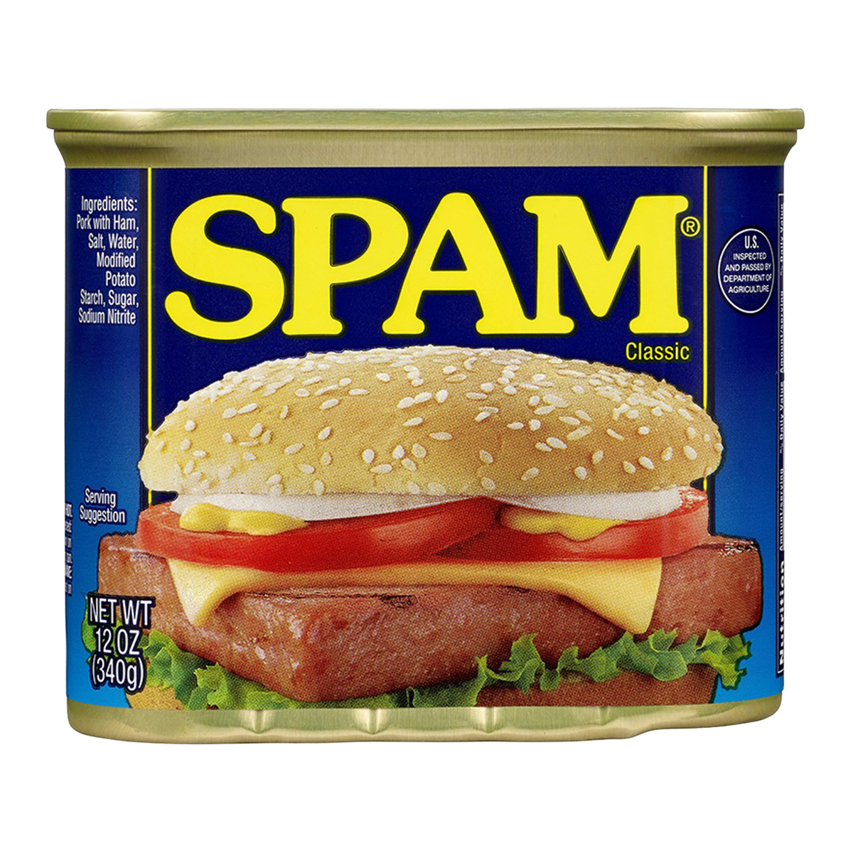 Canned Spam Luncheon Meat in a can, ready for slicing and cooking, showcasing the classic Spam brand's processed meat product.