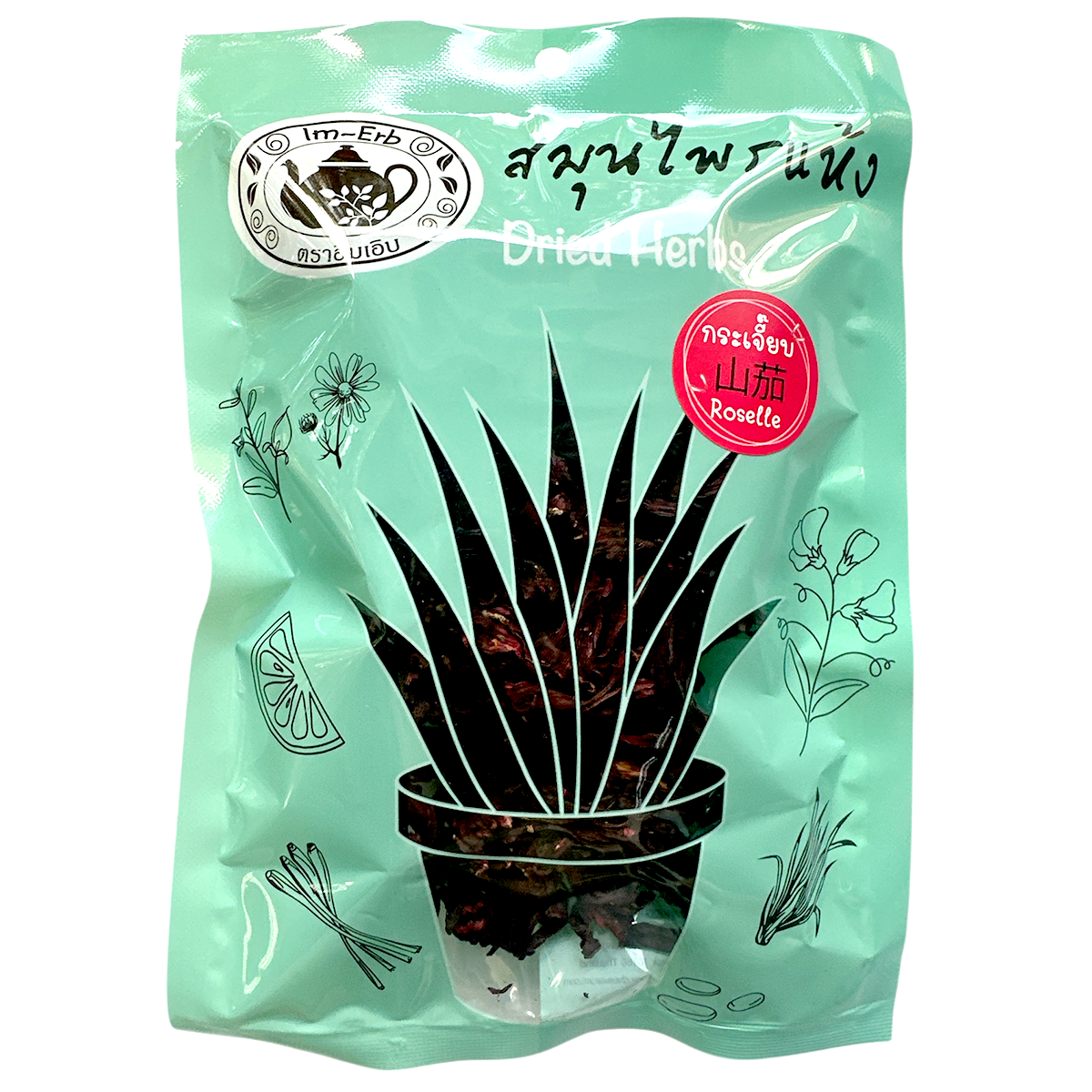 Im-Erb dried roselle drink in a glass, showcasing vibrant red hibiscus flowers and dried petals for herbal beverage preparation.