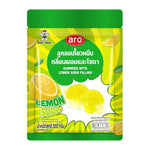 Aro Gummy Lemonsoda 100g, fruity lemon-flavored gummy candies in a clear plastic bag, part of dry grocery snacks and confectionery.