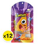 Lotus Biscuit 18g pack, crispy and sweet snack from LOTUS brand, displayed in a box of 12 packs.