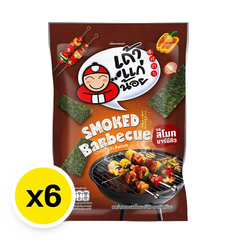 Taokaenoi smoked barbecue seaweed crispy snacks in an 8g pack, popular dry grocery snack from Thailand.