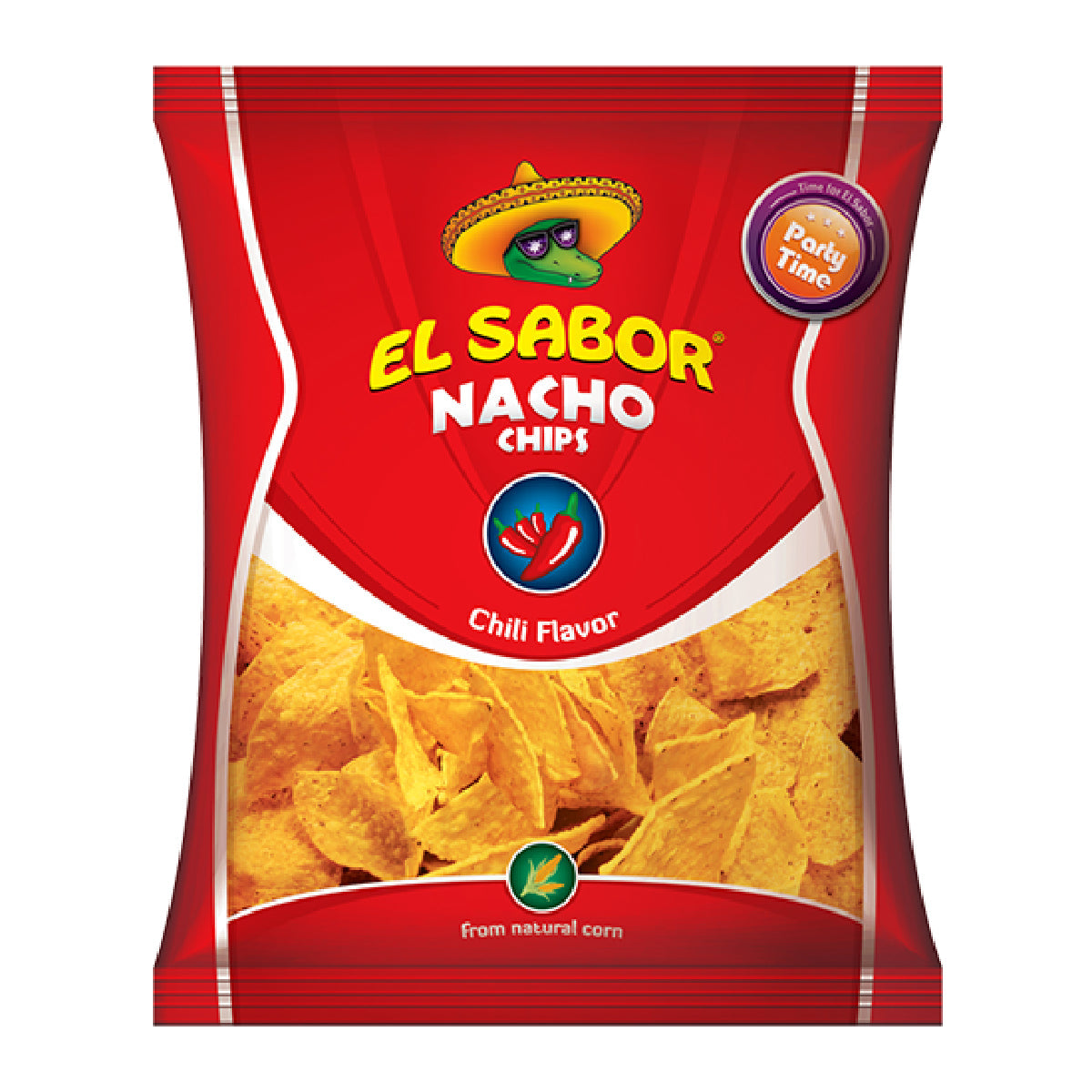 El Sabor Chili Chips, spicy confectionery snack with vibrant red chili flavor and crispy texture.