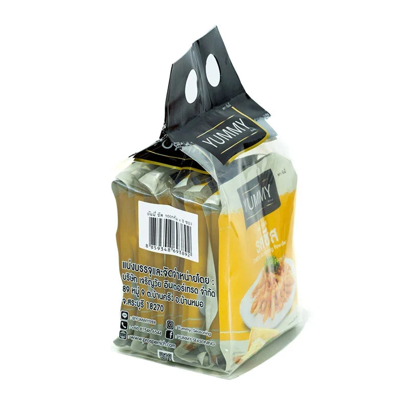 YUMMY Yummy Cheese Seasoning Powder 100g pack, dry grocery product with eight packets, featuring grated cheese flavor.