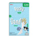 Glico Pocky Biscuit Sticks Milk flavor, 10g packs, crispy snack sticks in a colorful box, ideal for dry grocery snack selection.