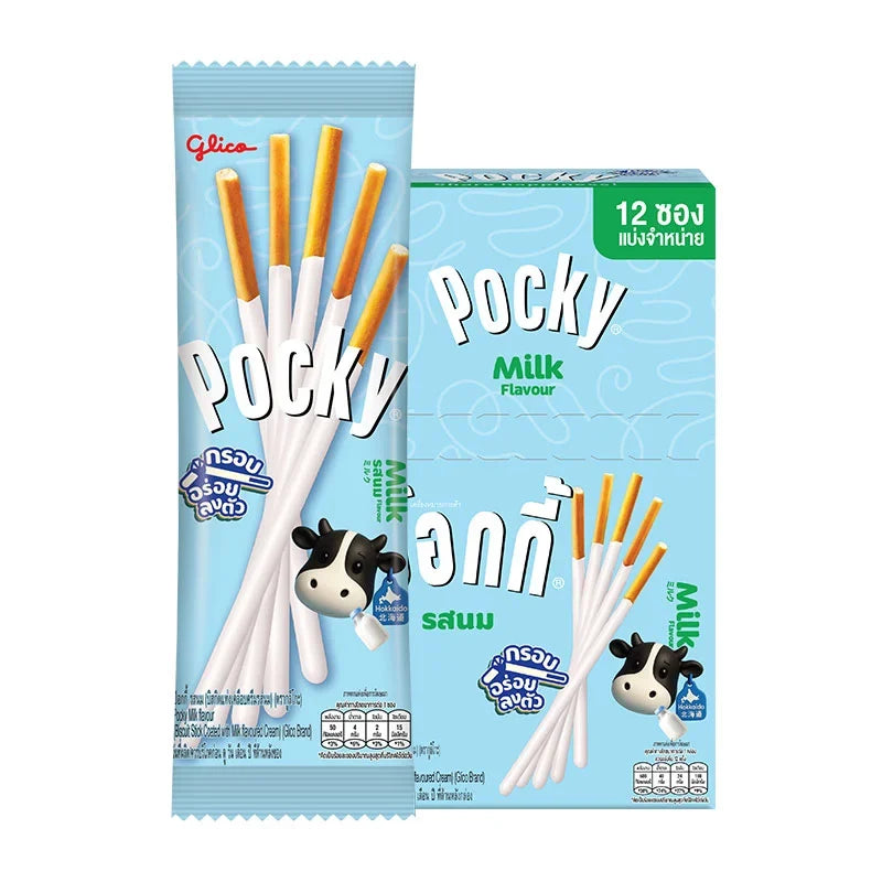Glico Pocky Biscuit Sticks with Milk flavor, 10g packs, showing crispy coated biscuit sticks in a snack box.