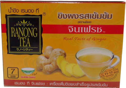 Ranong Tea Ginfresh Strong Tea drink in a clear glass with tea leaves and ice, showcasing a refreshing beverage from the Ranong Tea brand.