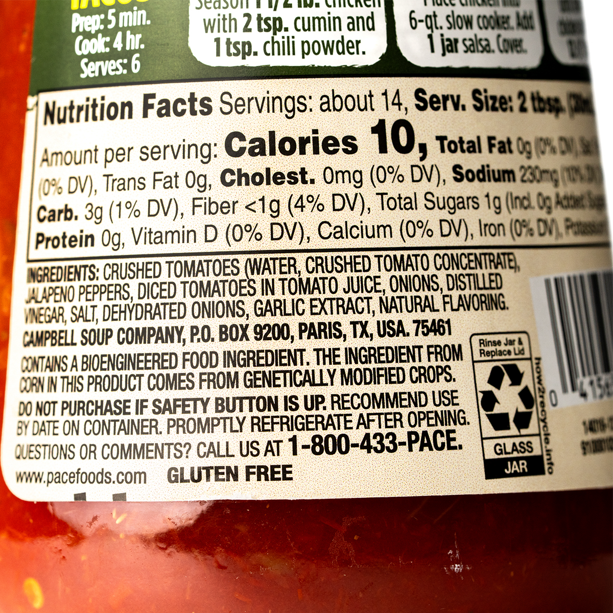 Pace Chunky Mild Salsa jar with fresh tomatoes, onions, and peppers on label, showcasing the grocery product in a clear container