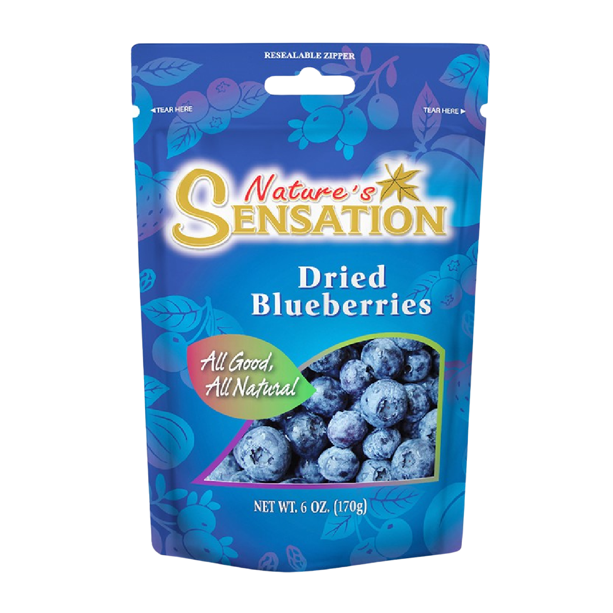 Dried blueberries from Nature's Sensation in a clear bowl, showcasing the vibrant blue color and textured surface of the snack.