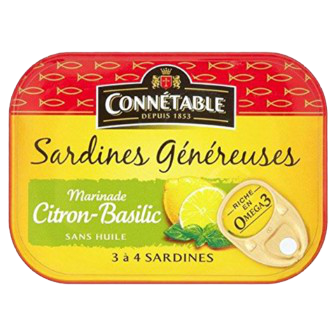 Canned sardines in lemon and basil marinade by Connetable, with sardines visible in a glass jar surrounded by lemon slices and basil leaves.