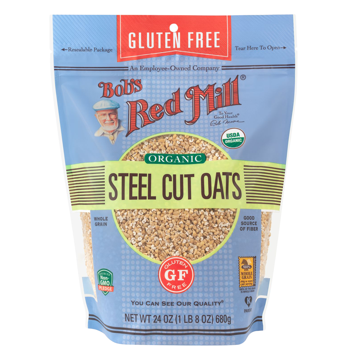 Bob's Red Mill gluten-free steel cut oats in a clear glass jar with a scoop, ready for breakfast or cooking.