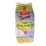 Bob's Red Mill gluten-free steel cut oats in a grocery package, showing the product label and oats inside.