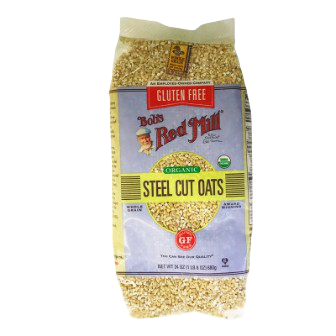 Bob's Red Mill gluten-free steel cut oats in a grocery package, showing the product label and oats inside.
