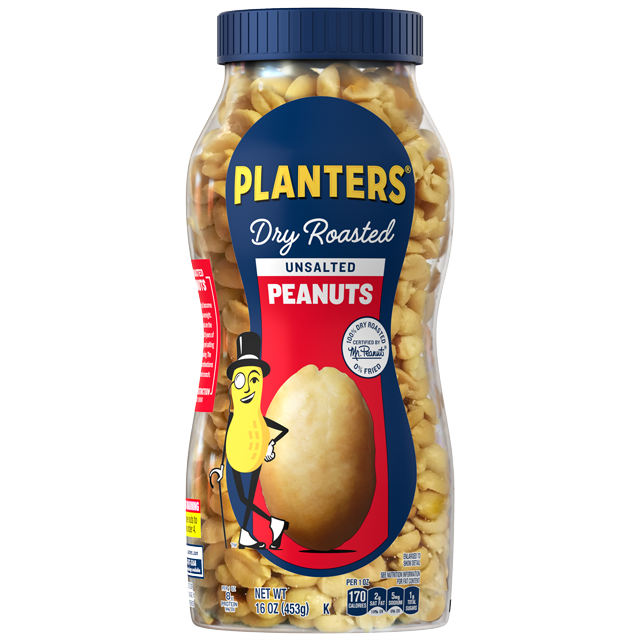 Planters Peanuts Dry Roasted Unsalted in a clear bowl, showing golden dry roasted peanuts perfect for snacking.