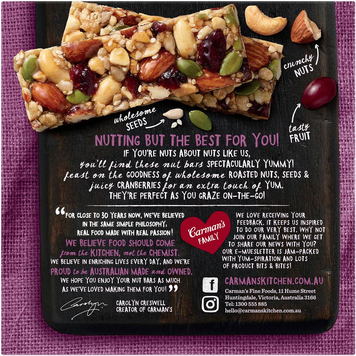 Carman's almond, cashew, and cranberry bars, healthy grocery snack with nuts and dried fruit in a natural setting
