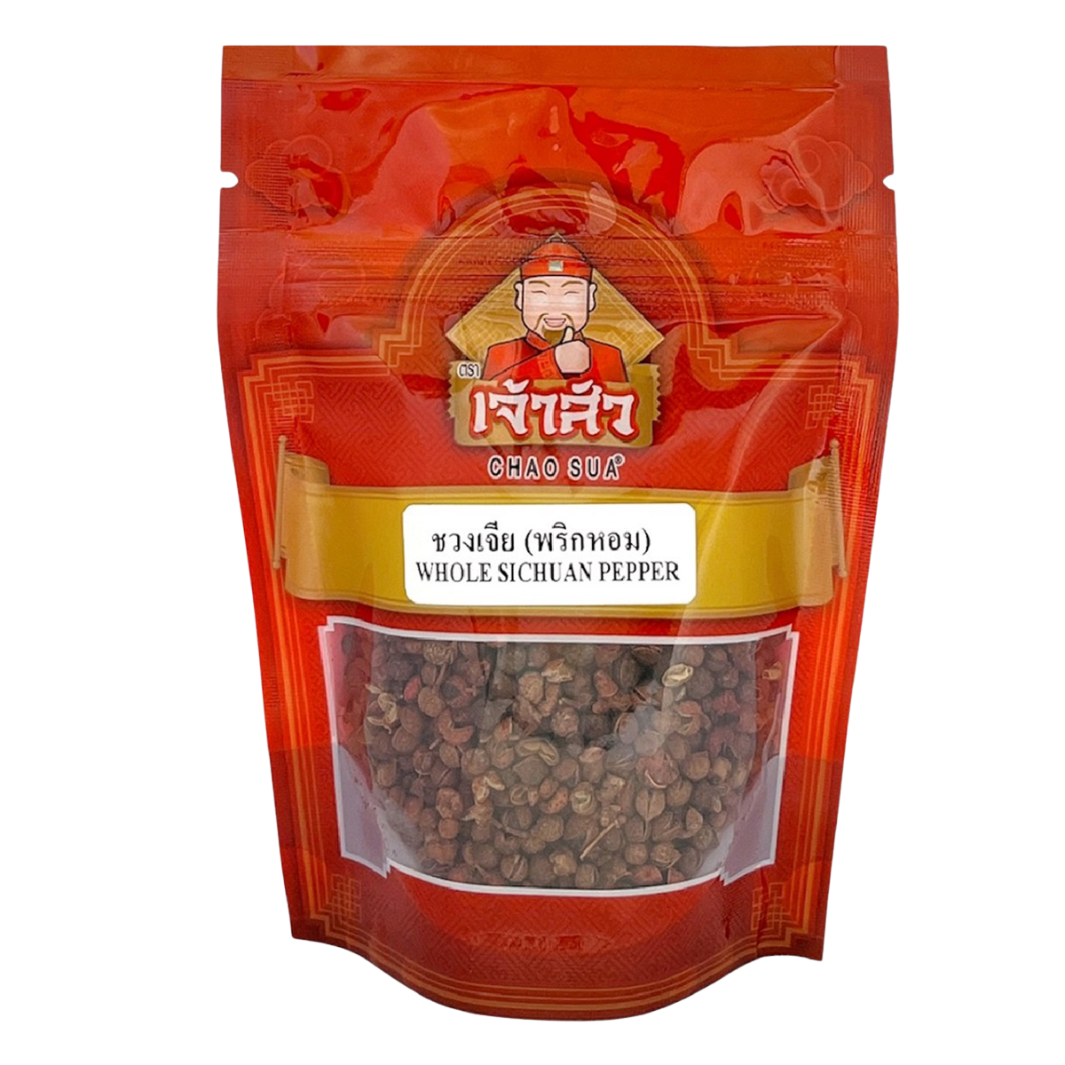 Chao Sua Whole Sichuan Pepper in a clear container, showing small reddish-brown peppercorns for Asian cuisine seasoning.