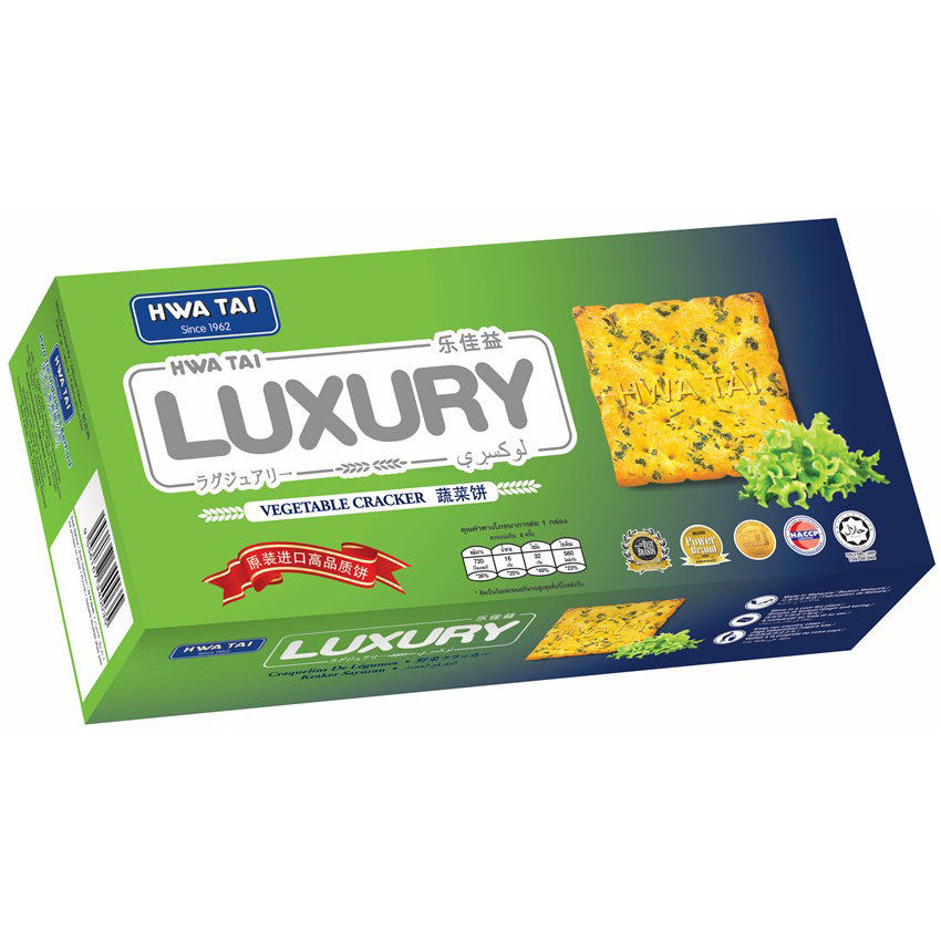 Hwa Tai Luxury Vegetable Crackers in a clear package, showcasing colorful vegetable ingredients and snack texture.